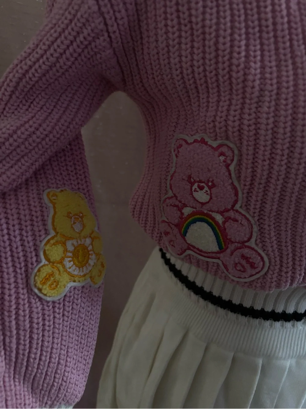 Care Bears Pink Heart Patch Knit Sweater with Rainbow Trim